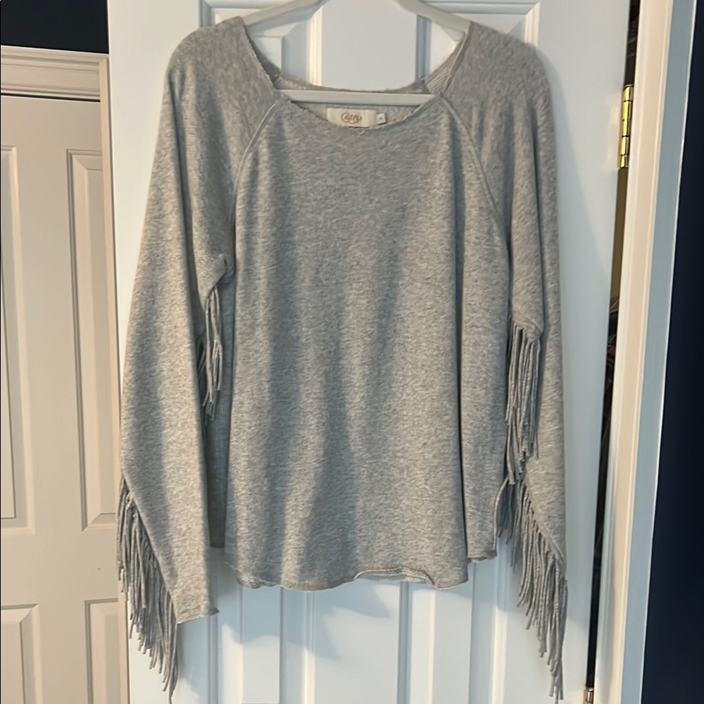 Candela Gray Fringe Long Sleeve Light Weight Sweater